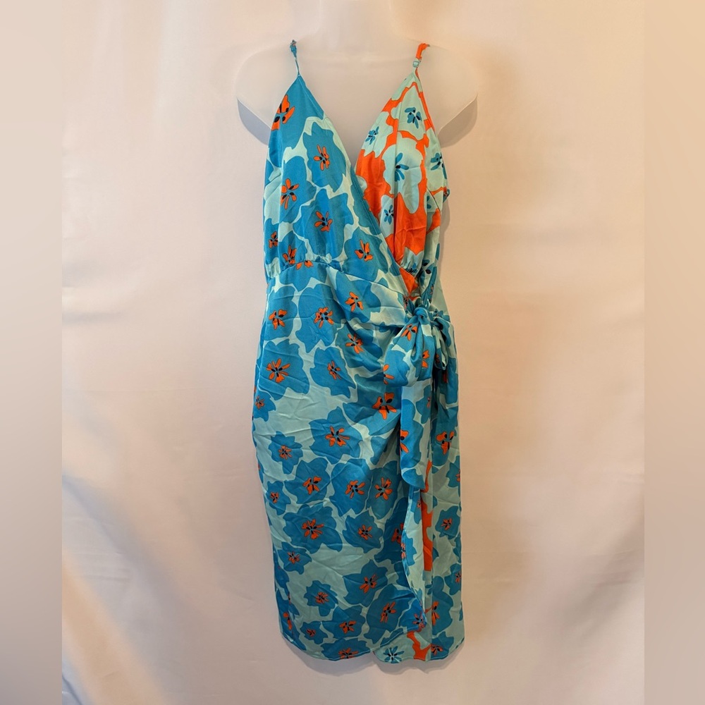 Never Fully Dressed Teal and Orange Floral Midi Wrap Dress